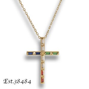 Collar con dije de cruz cristal multicolor de acero inoxidable, joyeria religiosa, bisuteria con cruces, cruz