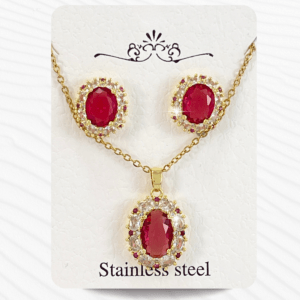 Juego de collar y aretes dorados con cristales rojos y blancos, El acero inoxidable también es hipoalergénico, lo que lo convierte en una opción ideal para las joyas que pueden usar las personas con piel sensible.