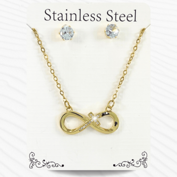 Juego de collar y aretes dorados con detalles de cristal en acero inoxidable forma de cruz y símbolo de infinito, El juego de collar y aretes de moda para mujer es un accesorio esencial que puede transformar cualquier atuendo. Este tipo de conjunto no solo añade un toque de elegancia y sofisticación, sino que también permite expresar el estilo personal de quien lo lleva.