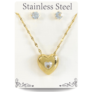 Collar dorado forma de corazón con cristal y aretes en acero inoxidable, Los collares modernos de acero inoxidable para damas son una tendencia popular gracias a su durabilidad, estilo y versatilidad, perfectos para el uso diario