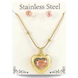 Collar dorado forma de corazón con cristal rosa y aretes en acero inoxidable, Los collares modernos de acero inoxidable para damas son una tendencia popular gracias a su durabilidad, estilo y versatilidad, perfectos para el uso diario