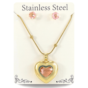 Collar dorado forma de corazón con cristal rosa y aretes en acero inoxidable, Los collares modernos de acero inoxidable para damas son una tendencia popular gracias a su durabilidad, estilo y versatilidad, perfectos para el uso diario