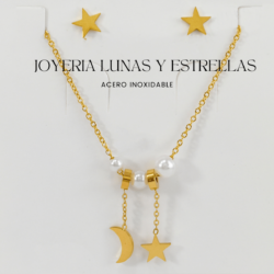 Collar dorado acero inoxidable con aretes (dijes en forma de sol y estrellas)