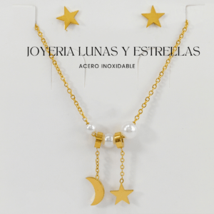 Collar dorado acero inoxidable con aretes (dijes en forma de sol y estrellas)