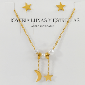 Collar dorado acero inoxidable con aretes (dijes en forma de sol y estrellas)