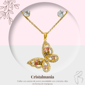 Collar dorado en forma de mariposa con cristal. Joyería moderna con mariposas se ha convertido en una tendencia prominente en el mundo de la moda y el diseño.  Incluyen aretes en forma de broqueles