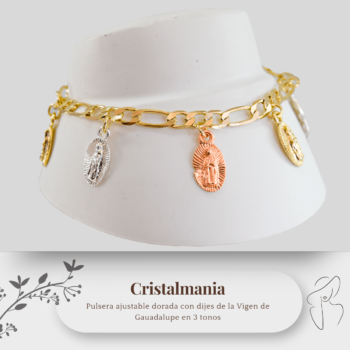 Pulsera con dijes de la Virgen de Guadalupe en 3 tonos