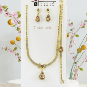 Collar, aretes y pulsera dorados con cristales blanco y café Christina Collection