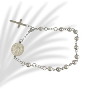 Pulsera religiosa con dijes de San Benito y cruz acero inoxidable