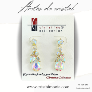 Aretes de noche dorados con cristal tornasol 4 x 1.50. Elegir los aretes adecuados puede transformar por completo tu atuendo nocturno, añadiendo un toque de sofisticación y elegancia. Al elegir tus aretes, considera el estilo de tu vestido y el peinado que llevarás para asegurarte de que todo el conjunto esté en armonía. ¡Disfruta de tu noche con el brillo perfecto!