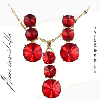 Collar y aretes dorados acero inoxidable con cristales rojos. Los collares son un accesorio esencial que puede transformar cualquier conjunto, añadiendo un toque de elegancia y estilo personal. Gran tendencia para mujer, los cuales son perfectos para quienes buscan un look moderno y sofisticado.