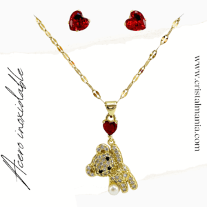 Collar dorado forma de oso y corazón con cristal y aretes en acero inoxidable, Los collares modernos de acero inoxidable para damas son una tendencia popular gracias a su durabilidad, estilo y versatilidad, perfectos para el uso diario