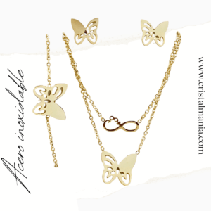 Collar, aretes y pulsera dorados mariposas infinito. Las mariposas son un símbolo de transformación y belleza, y se han convertido en un motivo popular en la moda y los accesorios. Ofrecen una forma encantadora de expresar tu estilo personal y añadir un toque de naturaleza y transformación a tu outfit