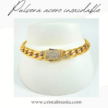 Pulsera dorada en acero inoxidable con broche con cristales. Las pulseras ajustables son un accesorio que combina elegancia y funcionalidad. Este diseño en particular, con cristales en forma de baguette, ofrece un estilo moderno y sofisticado que se adapta a cualquier ocasión.