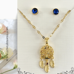 Collar árbol de la vida, hojas, atrapa sueños con aretes acero inoxidable, juego accesorios modernos dorados en acero inoxidable con diseño de árbol de la vida.