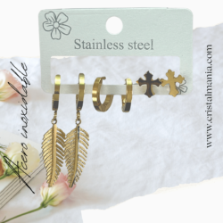 Juego de aretes dorados forma de pluma, arracadas y cruces en acero inoxidable