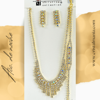 Collar, aretes y pulsera dorados de cristal blanco y tornasol Christina Collection. Juego de collares y aretes perfecto para acompañar un vestido de noche puede transformar completamente tu look, haciéndote destacar en cualquier evento. Accesorios de noche para tu vestido de noche.