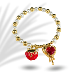 Pulsera elastica bolitas doradas y perlas con dijes de manzana y corazon en acero inoxidable - Las pulseras de acero inoxidable se han convertido en un accesorio de moda imprescindible en la actualidad. Su popularidad se debe a varias razones, entre las cuales destacan su durabilidad, resistencia al desgaste y, por supuesto, su apariencia elegante y moderna..