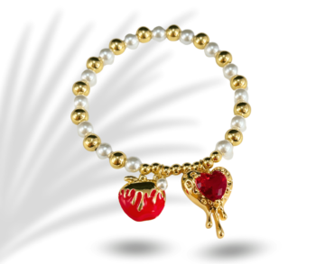 Pulsera elastica bolitas doradas y perlas con dijes de manzana y corazon en acero inoxidable - Las pulseras de acero inoxidable se han convertido en un accesorio de moda imprescindible en la actualidad. Su popularidad se debe a varias razones, entre las cuales destacan su durabilidad, resistencia al desgaste y, por supuesto, su apariencia elegante y moderna..