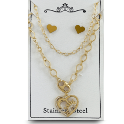 Collar y aretes de moda dorados para mujer en acero inoxidable con corazones, Descubre nuestros elegantes sets de collares y aretes de acero inoxidable, ¡la moda perfecta que complementa tu belleza! ✨  #cristalmania #ComplementaTuBrillo