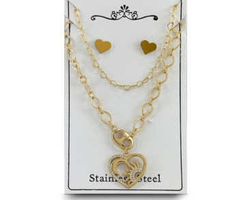 Collar y aretes de moda dorados para mujer en acero inoxidable con corazones, Descubre nuestros elegantes sets de collares y aretes de acero inoxidable, ¡la moda perfecta que complementa tu belleza! ✨  #cristalmania #ComplementaTuBrillo