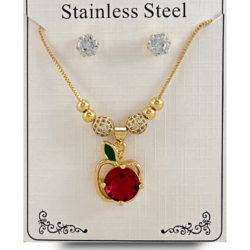 Collar y aretes de moda dorados para mujer con adornos de manzana en acero inoxidable , Descubre nuestros elegantes sets de collares y aretes de acero inoxidable, ¡la moda perfecta que complementa tu belleza! ✨  #cristalmania #ComplementaTuBrillo #bisuteriaconmanzanas