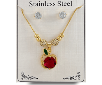 Collar y aretes de moda dorados para mujer con adornos de manzana en acero inoxidable , Descubre nuestros elegantes sets de collares y aretes de acero inoxidable, ¡la moda perfecta que complementa tu belleza! ✨  #cristalmania #ComplementaTuBrillo #bisuteriaconmanzanas
