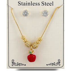 Collar y aretes de moda dorados para mujer con adornos de manzana en acero inoxidable , Descubre nuestros elegantes sets de collares y aretes de acero inoxidable, ¡la moda perfecta que complementa tu belleza! ✨  #cristalmania #ComplementaTuBrillo #bisuteriaconmanzanas