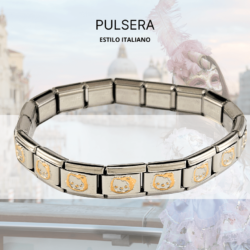 Pulsera estilo italiano plateada con adornos hello kitty dorados elastica