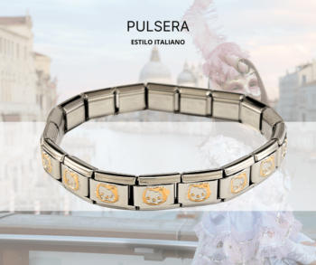 Pulsera estilo italiano plateada con adornos hello kitty dorados elastica