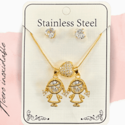 Collar dorado acero inoxidable dijes de niñas con aretes, joyería con dijes de niños y niñas Bisutería de acero inoxidable con dijes de niñas con un corazón en medio 