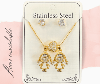Collar dorado acero inoxidable dijes de niñas con aretes, joyería con dijes de niños y niñas Bisutería de acero inoxidable con dijes de niñas con un corazón en medio 