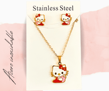 Collar y aretes dorados acero inoxidable dijes de hello kitty