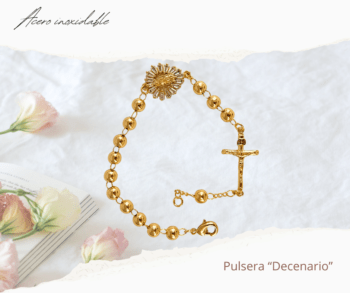 Pulsera dorada ajustable decenario Virgen de Guadalupe y cruz acero inoxidable, joyería religiosa,  joyería católica 