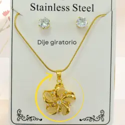 Collar giratorio para el estrés con aretes dorados en acero inoxidable. Collar de moda con dije giratorio, eficaz para quienes buscan aliviar el estrés de manera discreta y estilizada. Con su combinación de moda y funcionalidad, este accesorio puede convertirse en una herramienta invaluable en la gestión del estrés diario