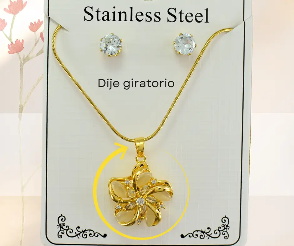 Collar giratorio para el estrés con aretes dorados en acero inoxidable. Collar de moda con dije giratorio, eficaz para quienes buscan aliviar el estrés de manera discreta y estilizada. Con su combinación de moda y funcionalidad, este accesorio puede convertirse en una herramienta invaluable en la gestión del estrés diario