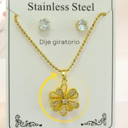 Collar giratorio para el estrés con aretes dorados en acero inoxidable. Collar de moda con dije giratorio, eficaz para quienes buscan aliviar el estrés de manera discreta y estilizada. Con su combinación de moda y funcionalidad, este accesorio puede convertirse en una herramienta invaluable en la gestión del estrés diario