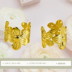 Anillo dorado ajustable en acero inoxidable en forma de hojas est 38892