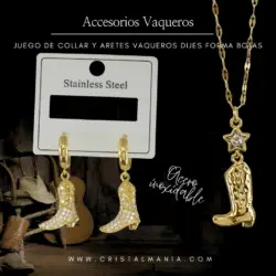 Collar y aretes vaqueros con dijes de botas doradas, joyeria vaquera en acero inoxidable.  La moda vaquera ha sido una tendencia duradera que combina la rusticidad del campo con un estilo elegante y contemporáneo, Ideal para aquellas que buscan un look distintivo y lleno de personalidad.