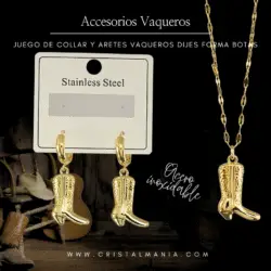 Collar y aretes vaqueros con dijes de botas doradas, joyeria vaquera en acero inoxidable.  La moda vaquera ha sido una tendencia duradera que combina la rusticidad del campo con un estilo elegante y contemporáneo, Ideal para aquellas que buscan un look distintivo y lleno de personalidad.