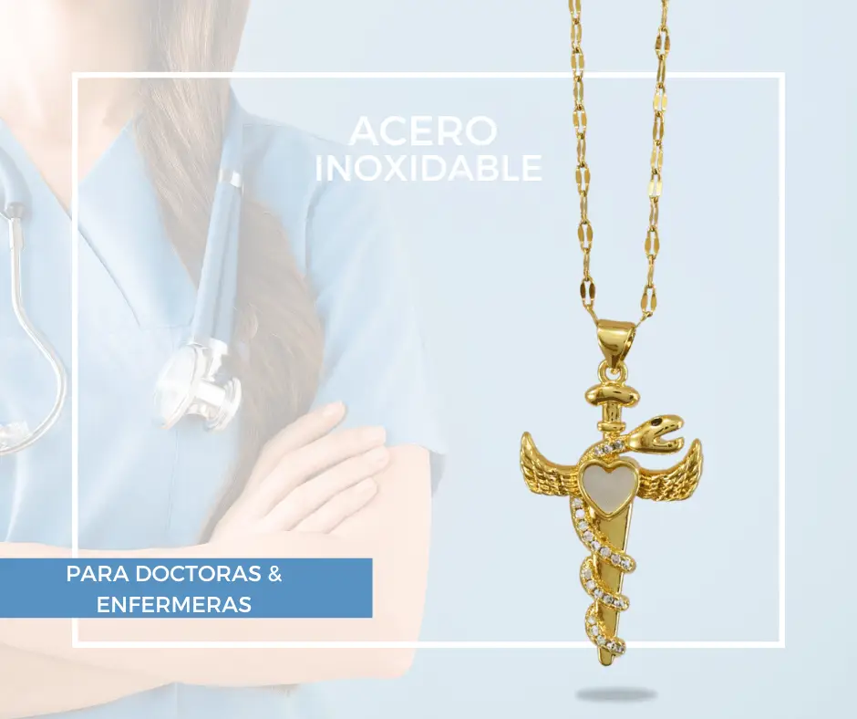 Collar dorado con dije del logo de la Salud (caduceo) regalos para doctoras y enfermeras acero inoxidable Para un regalo especial, los collares son una excelente opción, especialmente aquellos que tienen símbolos relacionados con la medicina, como el caduceo o una cruz de primeros auxilios. Estos collares no solo son elegantes, sino que también pueden expresar orgullo por la profesión.