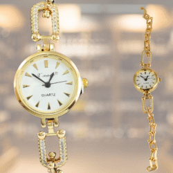 Reloj dorado de moda con cristales. Los relojes de pulso dorados han sido una declaración de estilo icónica en el mundo de la moda femenina. Este accesorio no solo cumple con la función práctica de dar la hora, sino que también añade un toque de elegancia y sofisticación a cualquier atuendo.