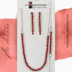 Collar, aretes largos y pulsera plateada con cristales rojos marca Christina Collection Las joyas son el complemento perfecto para cualquier atuendo, especialmente cuando se trata de vestidos de gala o de noche. Añadir un toque de brillo con cristales puede transformar completamente un look, aportando elegancia y sofisticación.