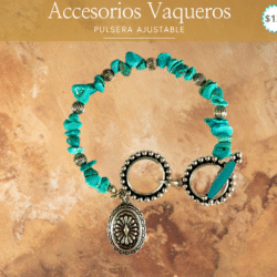 Pulsera vaquera con turquesas y dije vaquero 🌵 Pulsera vaquera que complementa tu look country. Esta pulsera vaquera con dijes de caballos combina elegancia rústica y carácter. Ideal para mujeres que aprecian los detalles con significado y la belleza del estilo western. Su diseño delicado aporta un toque distintivo y refinado a cualquier look.