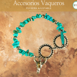 Pulsera vaquera con turquesas y dije cabeza de toro 🌵 complementa tu look country . Esta pulsera vaquera con dijes de caballos combina elegancia rústica y carácter. Ideal para mujeres que aprecian los detalles con significado y la belleza del estilo western. Su diseño delicado aporta un toque distintivo y refinado a cualquier look.