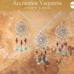 Collar & aretes vaqueros atrapa sueños. 🔗 Diseños únicos para mujeres de espíritu libre. Luce un estilo auténtico con este collar vaquero decorado con piedra turquesa. Su diseño rústico y elegante es ideal para resaltar cualquier look boho o country. Un accesorio vibrante que refleja fuerza, libertad y belleza natural.