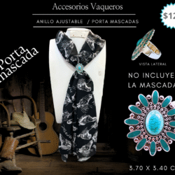 Porta mascadas 🤠 Dale un toque western a tu look con estilo. est 87095 (no incluye la mascada). Luce auténtica y con estilo con este porta mascadas vaquero ajustable en color turquesa. Ideal para complementar tus outfits western o boho, su diseño combina funcionalidad con un toque elegante y rústico. Fácil de ajustar y cómodo de llevar, es el accesorio perfecto para darle personalidad a tu mascada o pañuelo favorito.