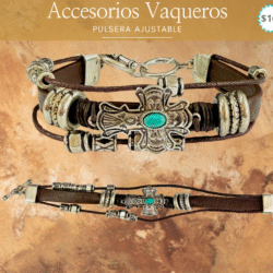 Pulsera vaquera con cruz y piedra turquesa ✨ complementa tu look country. Esta pulsera vaquera con dijes de caballos combina elegancia rústica y carácter. Ideal para mujeres que aprecian los detalles con significado y la belleza del estilo western. Su diseño delicado aporta un toque distintivo y refinado a cualquier look.