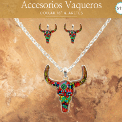 Collar & aretes forma de cabeza de toro multicolor🌵 Autenticidad y estilo en un solo accesorio. Luce un estilo auténtico con este collar vaquero decorado con piedra turquesa. Su diseño rústico y elegante es ideal para resaltar cualquier look boho o country. Un accesorio vibrante que refleja fuerza, libertad y belleza natur
