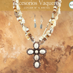 Collar & aretes vaqueros cruz y piedras 🔗 Diseños únicos para mujeres de espíritu libre. Luce un estilo auténtico con este collar vaquero decorado con piedra turquesa. Su diseño rústico y elegante es ideal para resaltar cualquier look boho o country. Un accesorio vibrante que refleja fuerza, libertad y belleza natural.